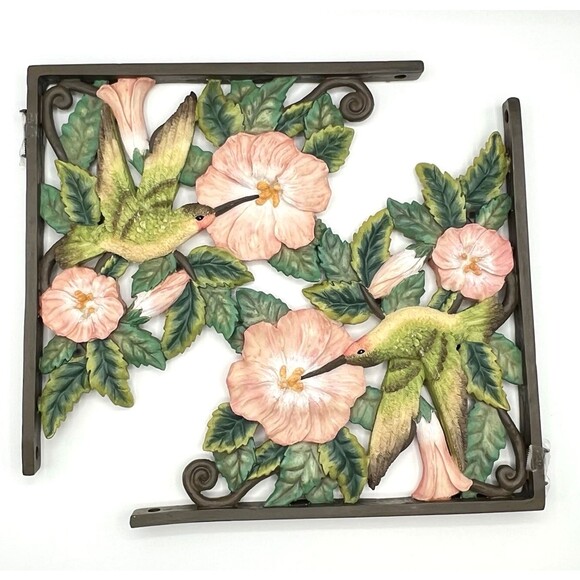 Decorative Hummingbird Wall Corner Brackets Resin Hibiscus Corbels 12" Deep Tall - Picture 5 of 8